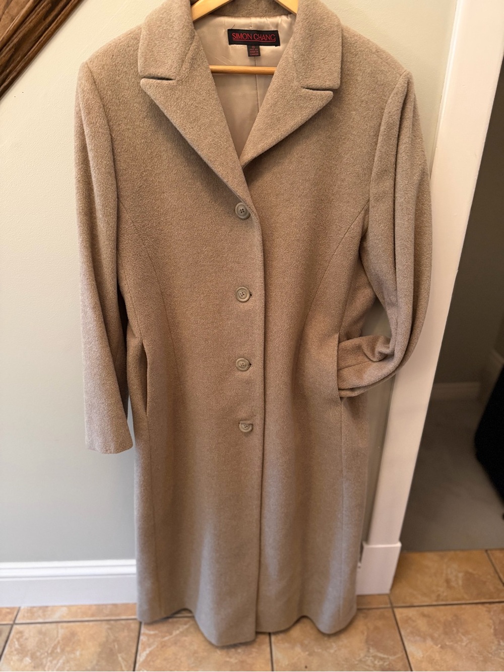 Simon Chang Beige/Taupe Long Wool-Blend Pea Coat size 16